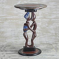 Cedar wood accent table, 'Familial Love' - Cedar Wood Accent Table of Two People from Ghana