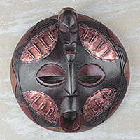 African wood mask, 'Odwira Protector' - Round Dark Brown and Red Wood and Aluminum African Mask
