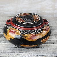 Wood decorative jar, 'Sunset Storm' - Handcrafted Red Yellow and Black Decorative Wood Jar