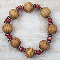 Wood and recycled glass beaded stretch bracelet,