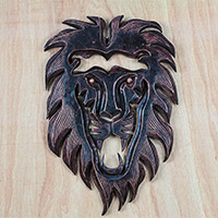 Wood wall sculpture, 'King Lion' - Hand-Carved African Wood Lion Wall Sculpture from Ghana