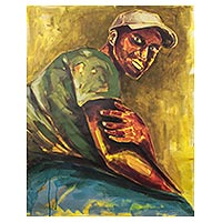 'Gaze on Me' - Signed Painting of a Man with a Baseball Cap from Ghana