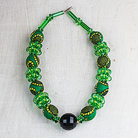 Recycled plastic beaded necklace, 'Green Goodness' - Recycled Plastic and Cotton Beaded Necklace in Green