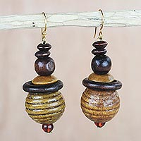 Wood and recycled plastic dangle earrings, 'Patient Soul' - Sese Wood and Recycled Plastic Beaded Dangle Earrings