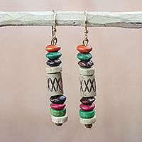 Wood and recycled plastic dangle earrings, 'Eco Beauty' - Colorful Wood and Recycled Plastic Dangle Earrings