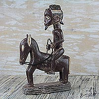 Wood sculpture, 'Horseman' - Brown and Cream Man Astride Horse Wood Sculpture from Ghana