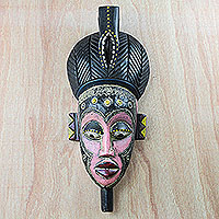 African wood mask, 'Honest Emiyi' - African Sese Wood Mask in Pink from Ghana