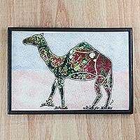 Batik cotton wall art, 'Camel Trek' - Multi-Color Batik Fabric Collage Camel Wall Art