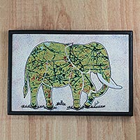 Batik cotton wall art, 'Elephant on the Plain' - Multi-Color Batik Fabric Collage Elephant Wall Art