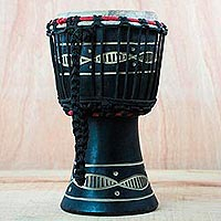 Wood mini djembe drum, 'Musical Eights' - Wood Mini Djembe Drum with Wave Motifs from Ghana