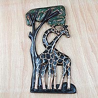 Wood relief panel, 'The Couple' - Giraffe-Themed Sese Wood Relief Panel from Ghana