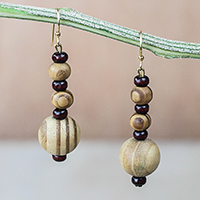 Wood and recycled plastic beaded dangle earrings, 'Beautiful Grain' - Wood and Recycled Plastic Dangle Earrings from Ghana