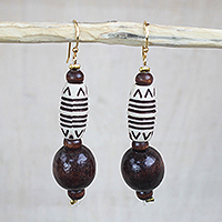 Wood and recycled plastic beaded dangle earrings, 'Exornam' - Sese Wood and Plastic Beaded Dangle Earrings from Ghana
