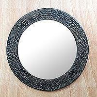 Aluminum and wood mirror, 'Black Scales' - Black Aluminum and Sese Wood Mirror from Ghana