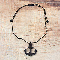 Ebony wood pendant necklace, 'Nautical Anchor' - Ebony Wood Anchor Pendant Necklace from Ghana