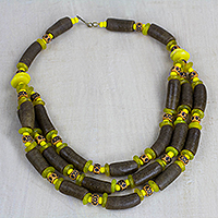 Recycled glass and plastic statement necklace, 'Espresso Empress' - Brown and Yellow Recycled Plastic Beaded Statement Necklace