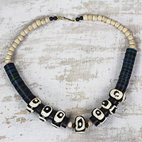 Bone and wood beaded necklace, 'Abstract Opulence' - Black and White Bone and Sese Wood Beaded Necklace