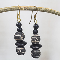 Ceramic and wood dangle earrings, 'Pottery Stacks' - Black and White Ceramic and Sese Wood Dangle Earrings
