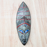 African wood mask, 'Great Anigyi' - Red and Black African Wood Mask from Ghana