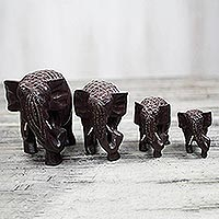 Wood figurines, 'Elephant Quartet' (set of 4) - Wood and Aluminum Elephant Figurines from Ghana (Set of 4)