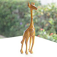 Wood sculpture, 'Yellow Giraffe' - Hand-Carved Sese Wood Giraffe Sculpture from Ghana