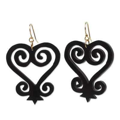 Ebony wood dangle earrings, 'Odo Yede' - Heart and Home Motif Ebony Wood Dangle Earrings from Ghana