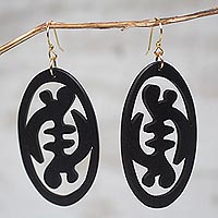 Ebony wood dangle earrings, Gye Nyame in Symmetry