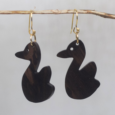 Ebony wood dangle earrings, Duck Duo