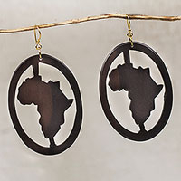 Ebony wood dangle earrings, 'Africa Encircled' - Handcrafted Oval Ebony Wood Africa Continent Dangle Earrings