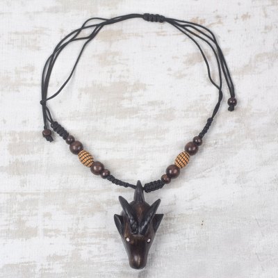 Wood pendant necklace, 'Horned Goat' - Wood Goat Head Pendant Necklace from Ghana Adjustable Length