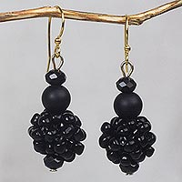 Recycled glass beaded dangle earrings, 'Renewed Fervor' - Black Recycled Glass and Plastic Bead Dangle Earrings