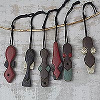 Wood ornaments, 'Nkabom Tumi' (set of 6) - Handmade Wood African Mask Ornaments form Ghana (Set of 6)