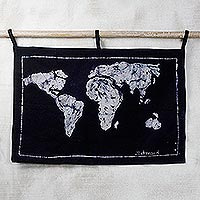 Batik cotton wall hanging, 'World Map' - Batik Cotton World Map Wall Hanging from Ghana