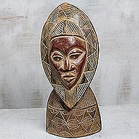 African wood mask, 'Wreathed Face' - Rustic Tabletop African Wood Mask from Ghana