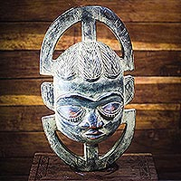 African wood mask, 'African Royalty' - Rustic African Wood Mask Handcrafted in Ghana