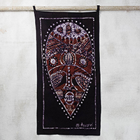 Batik cotton wall hanging, 'Cultural Mask' - Batik Cotton Wall Hanging of a Cultural Mask from Ghana