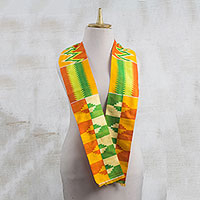Rayon and cotton blend scarf, 'Kente Royalty' (4.5 inch) - Rayon and Cotton Blend Kente Scarf in Orange (4.5 in.)