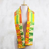 Rayon and cotton blend scarf, 'Kente Royalty' (9 inch) - Rayon and Cotton Blend Kente Scarf in Orange (9 in.)