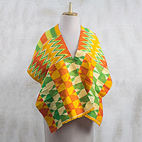 Rayon and cotton blend shawl, 'Kente Royalty' (13.5 inch) - Rayon and Cotton Blend Kente Shawl in Orange (13.5 in.)