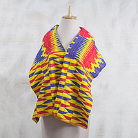 Cotton blend kente cloth scarf, 'Obaapa' (14 inch width) - Red Blue and Yellow Cotton Blend Kente Scarf (14 inch width)