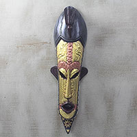 African wood mask, 'Feathered Adornment' - Sese Wood and Embossed Brass Bird African Wall Mask