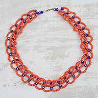 Beaded necklace, 'Oranges and Blueberries' - Orange and Blue Recycled Plastic Beaded Statement Necklace