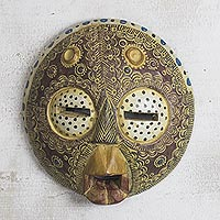 African wood mask, 'Faithful Protector' - Handcrafted Protector Wood and Repousse Round African Mask