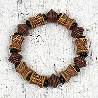 Recycled plastic beaded stretch bracelet, 'Brown Style' - Recycled Plastic Beaded Stretch Bracelet in Brown from Ghana