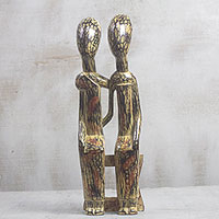 Wood sculpture, 'Old Couple' - Handmade Sese Wood Sculpture of a Sitting Couple from Ghana