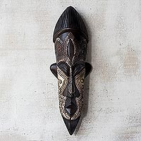 African wood mask, 'Have Patience' - Handcrafted Sese Wood and Aluminum African Mask from Ghana