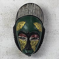 African wood mask, 'Green Baule' - Green and Gold African Wood Baule-Inspired Mask from Ghana