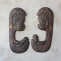 Wood relief panels, 'Feeding Mothers' (pair) - Mother and Child Sese Wood Relief Panels from Ghana (Pair)