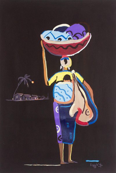 'How Long' - Signed Expressionist Painting of a Mother Walking from Ghana