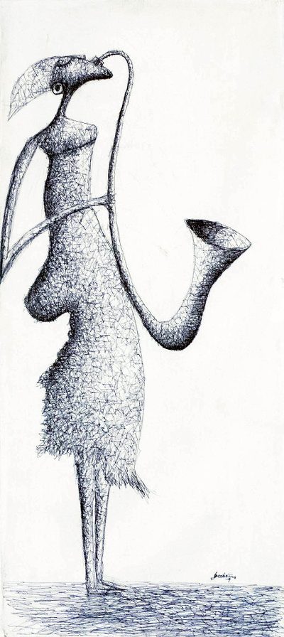 'With the Flute' - Signed Expressionist Painting of a Musician from Ghana